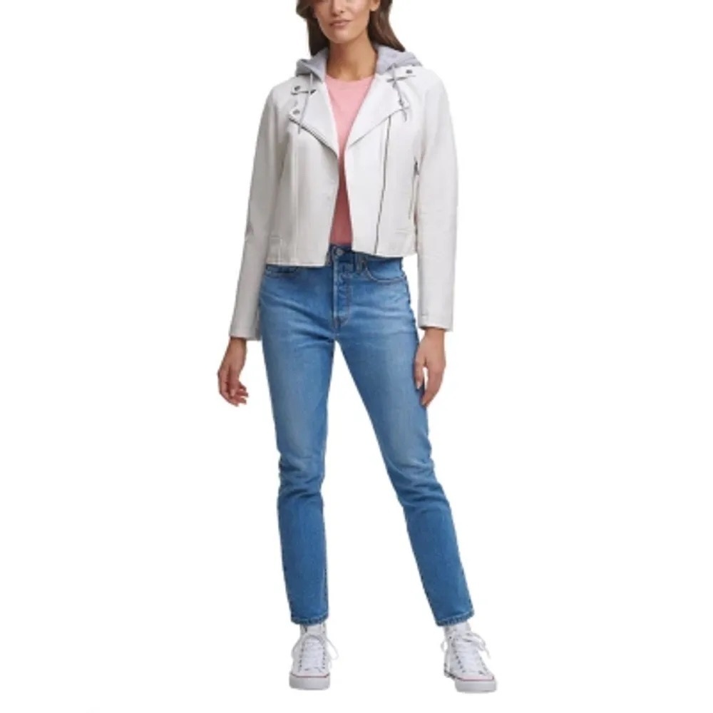 - Levi's Cream Leather Moto Jacket Asymmetrical Zipper - Picture 3 of 5